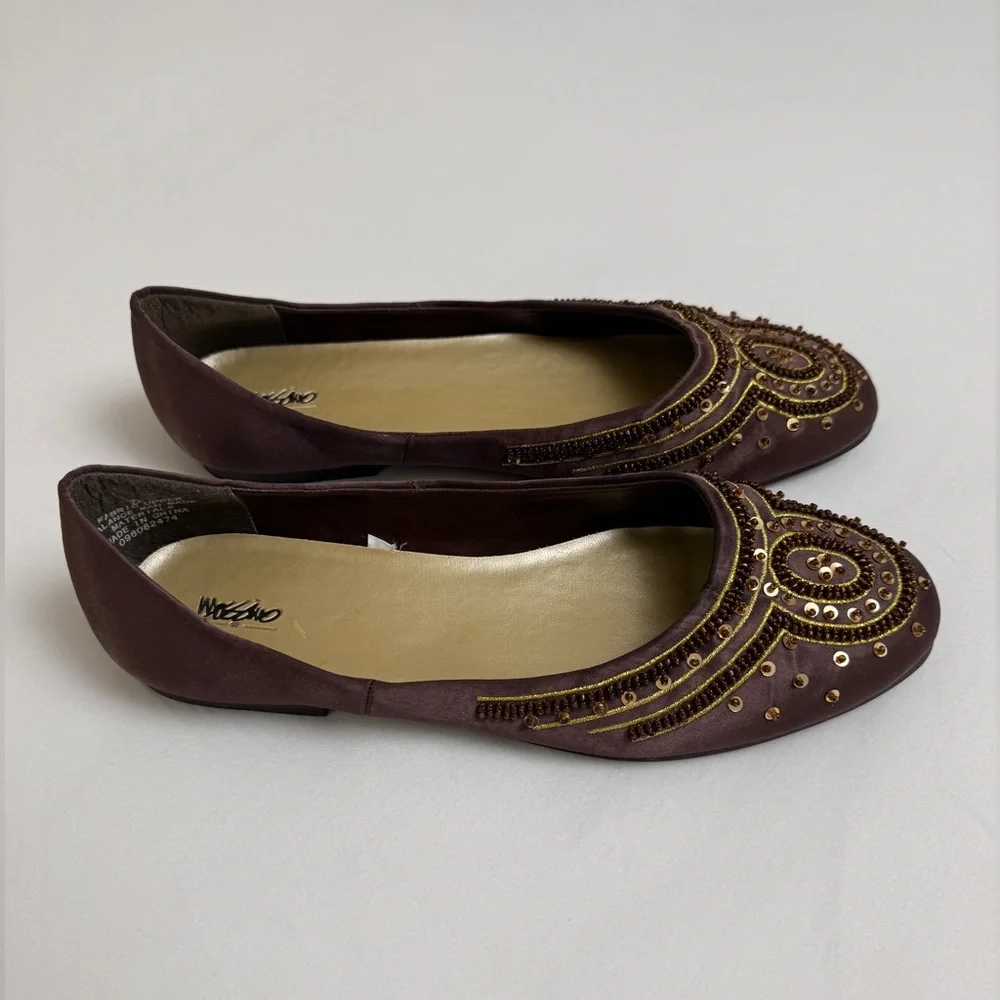 Vintage Y2K 90s Brown Embellished Sequined Slip On Flats Size 7.5 Whimsy Boho